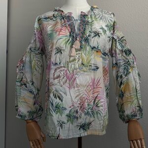 Johnny Was Boho Tropical Print Tie-Neck Women's Blouse Medium 100% Cotton